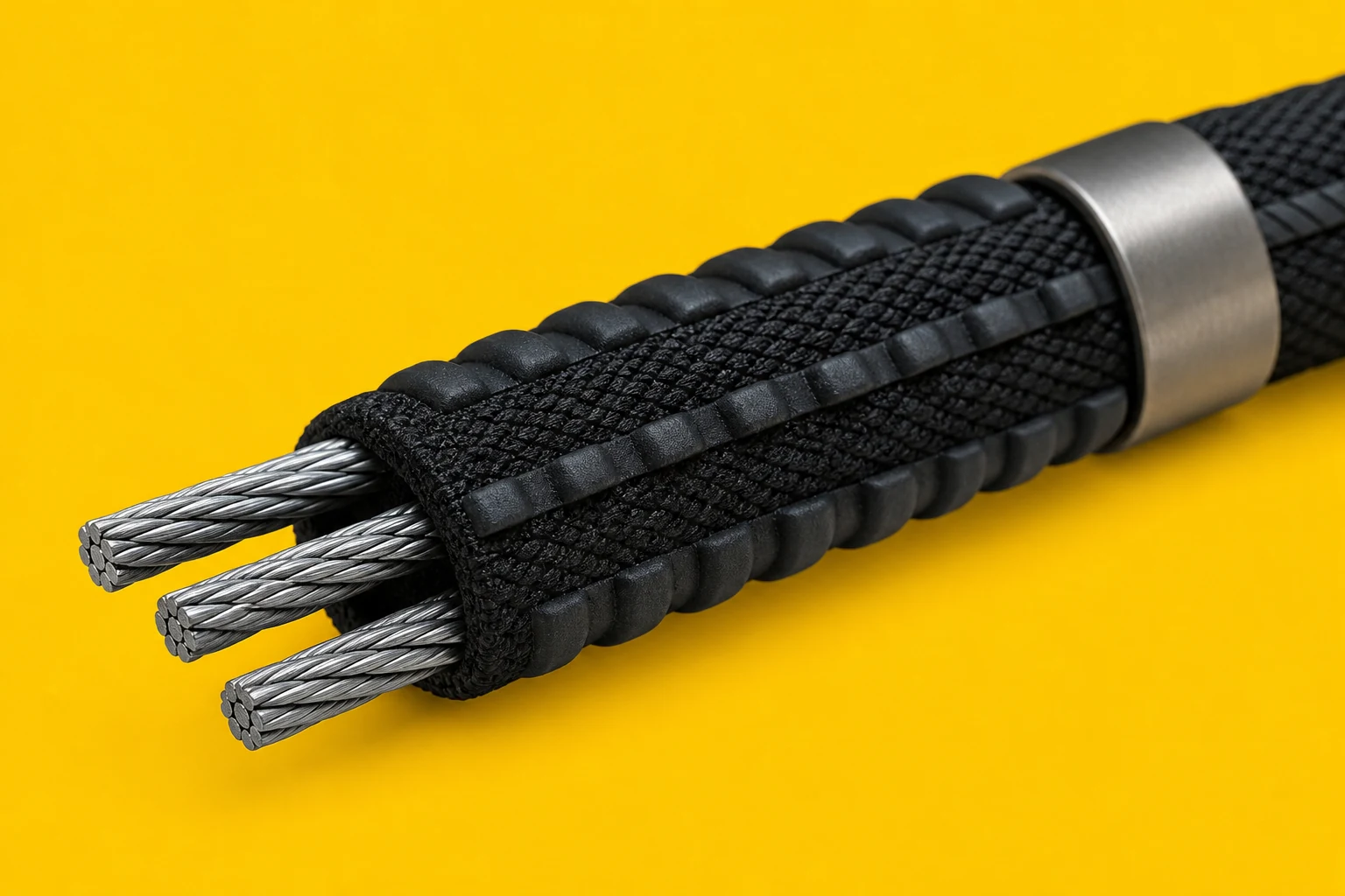 Detail braided steel core, lapisan nilon, grip karet, dan clamp logam pada industrial twist tie
