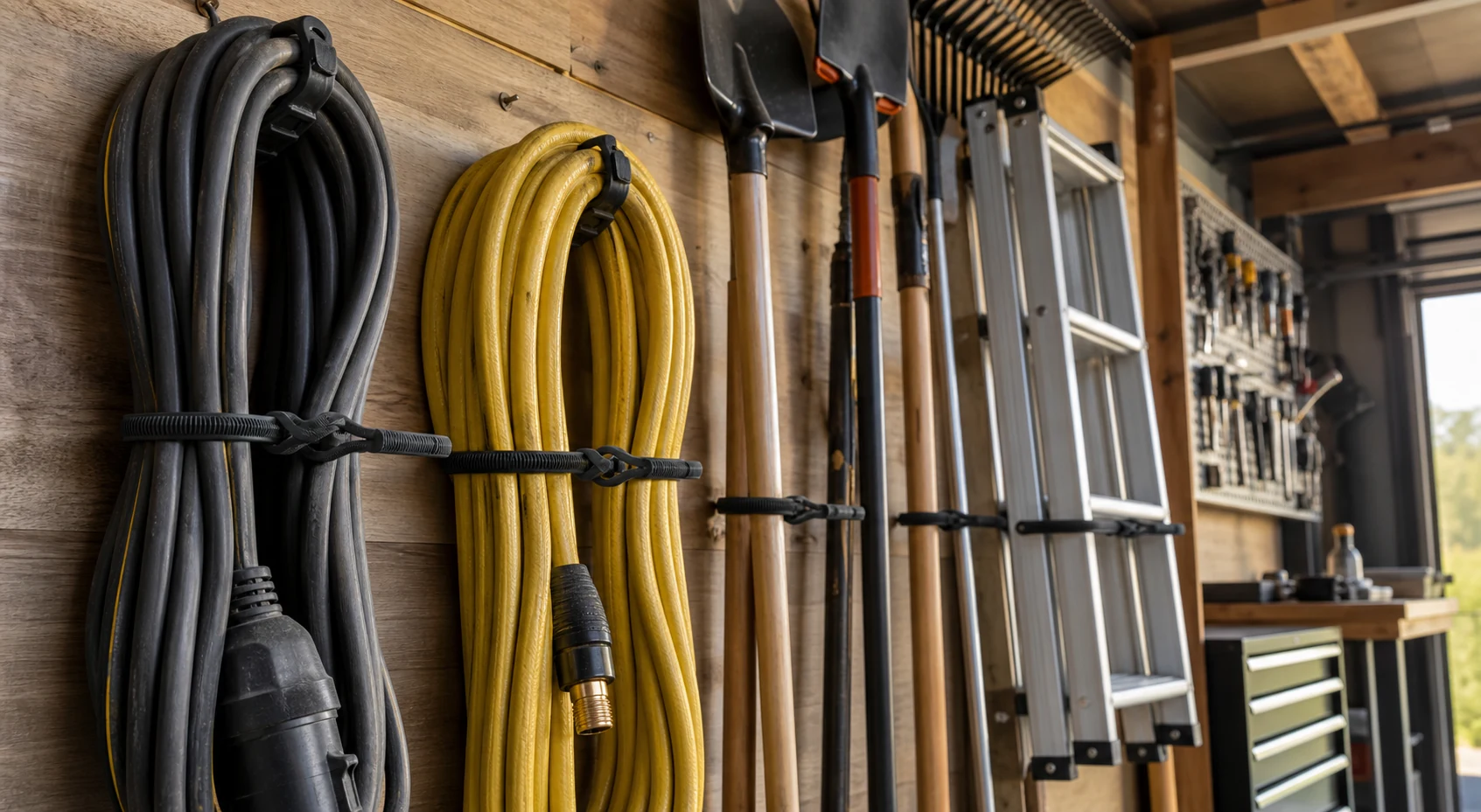 Industrial twist ties merapikan kabel, selang, alat panjang, dan tangga di garasi