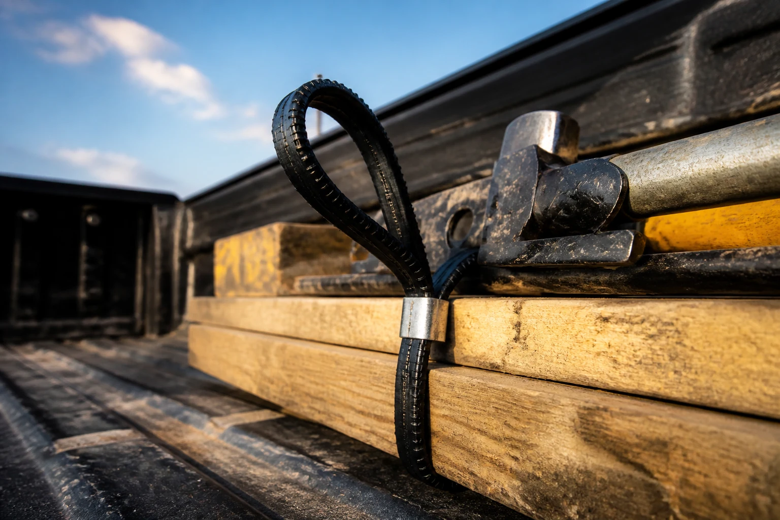 Industrial twist tie hitam mengikat kayu dan perkakas di bak truk