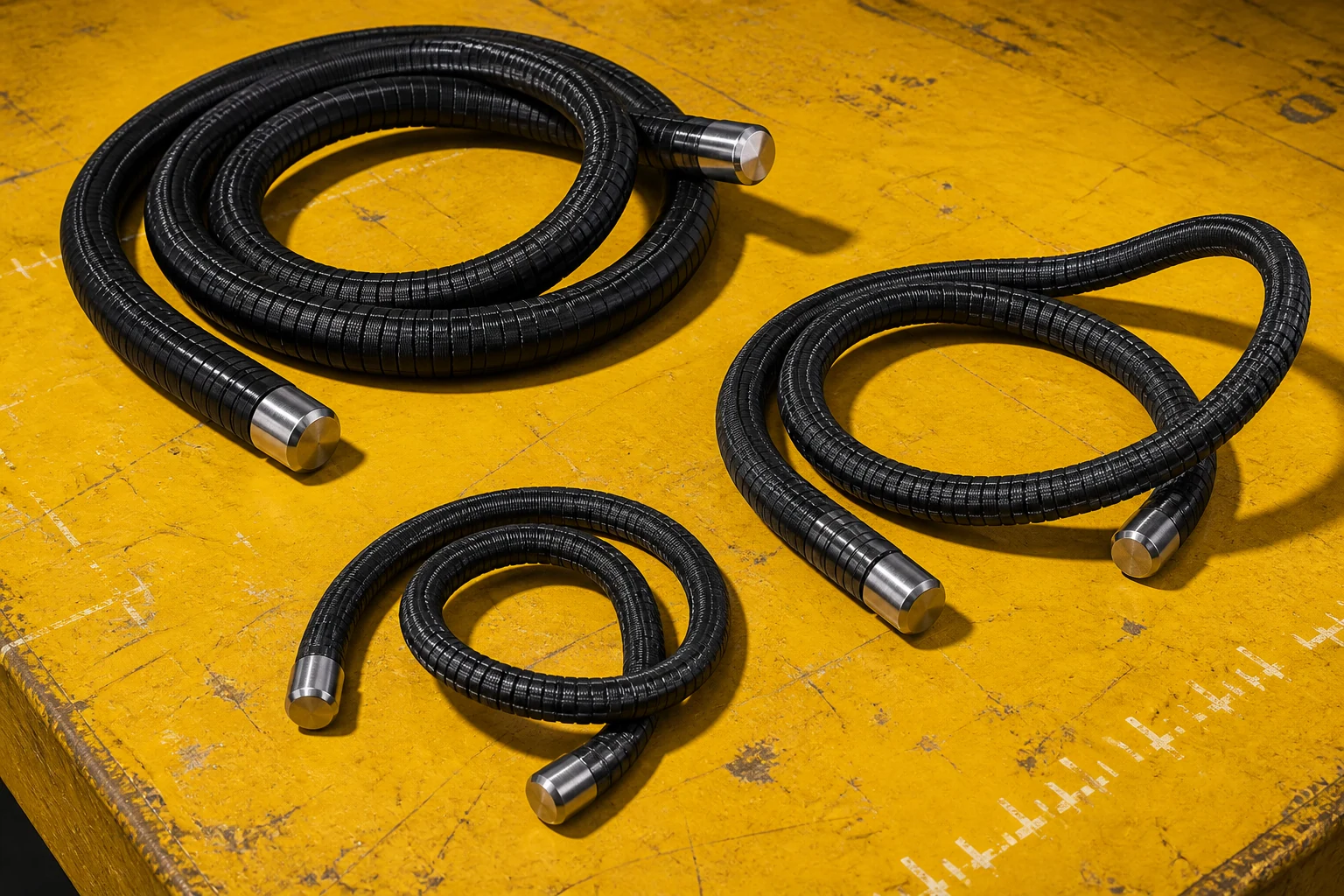 Tiga industrial twist tie hitam dalam ukuran berbeda di meja kerja kuning